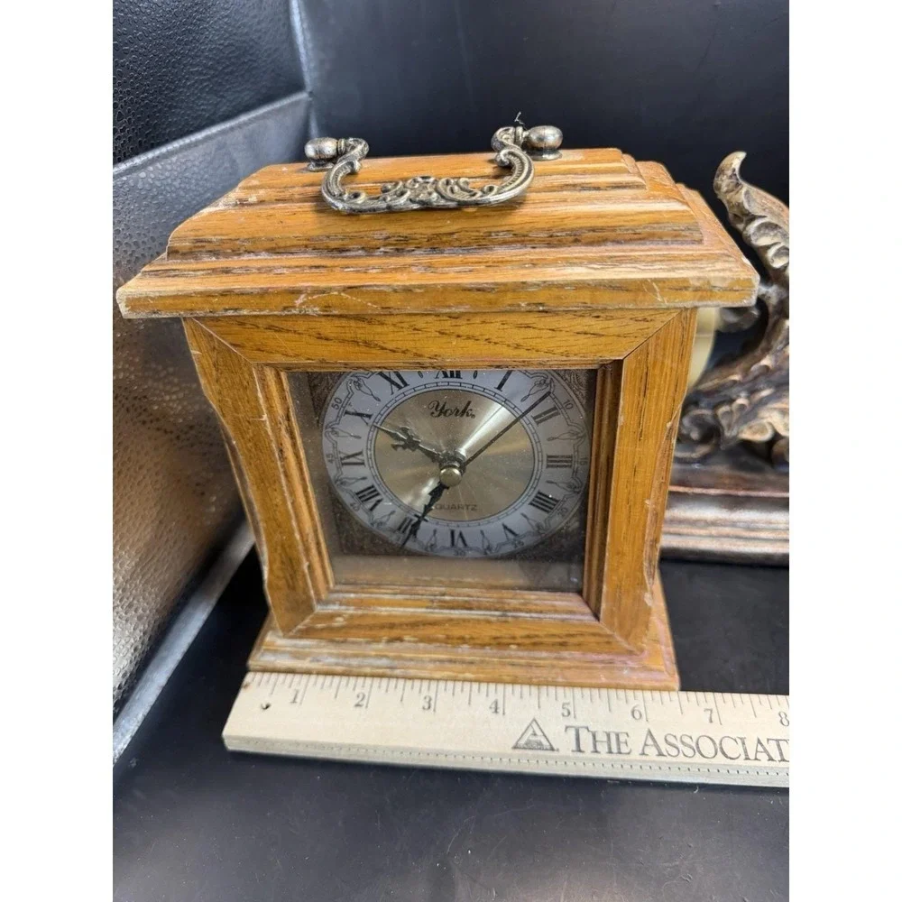 Vintage Mantel Clock Lot York Wood + Ornate Decorative Clock Untested